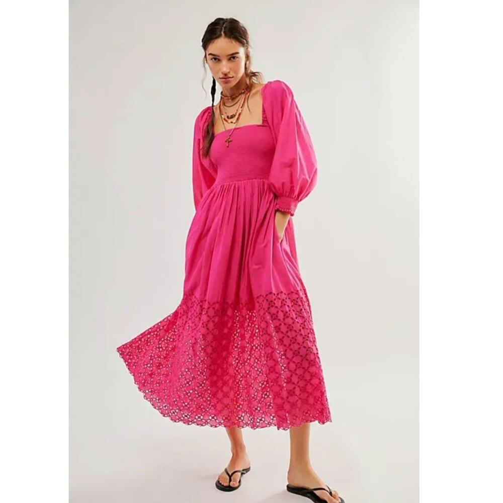 New FREE PEOPLE Perfect Storm Boho Midi Dress  $168 X-SMALL Pink Smocked